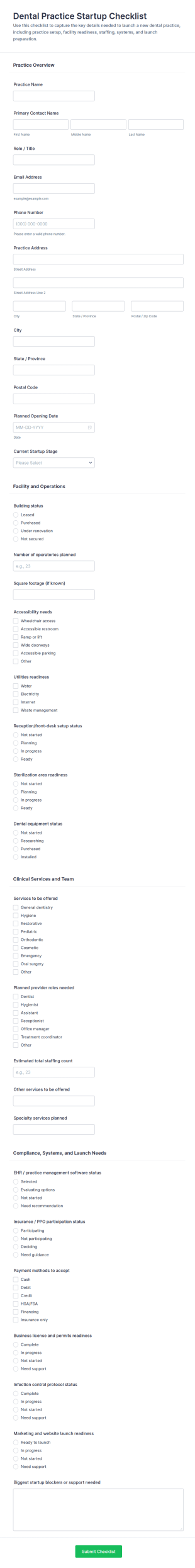 Dental Practice Startup Checklist Form Template