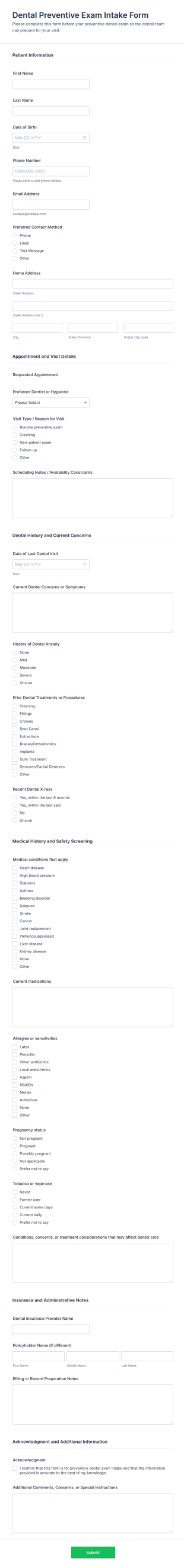 Dental Preventive Exam Intake Form Template