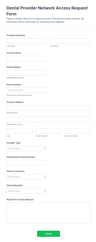 Dental Provider Network Access Request Form Template
