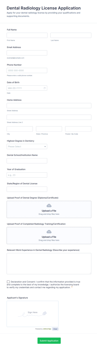 Dental Radiology License Application Form Template