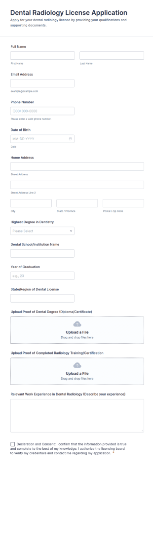 Dental Radiology License Application Form Template