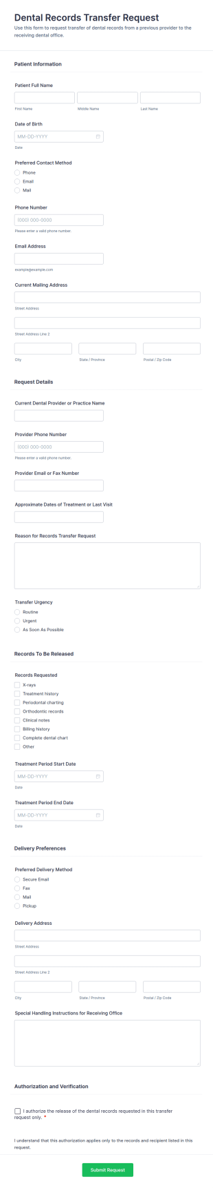 Dental Records Transfer Request Form Template