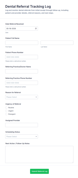 Dental Referral Tracking Log Form Template