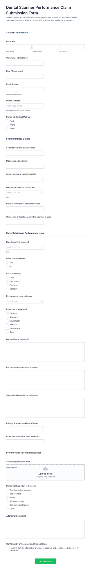 Dental Scanner Performance Claim Submission Form Template