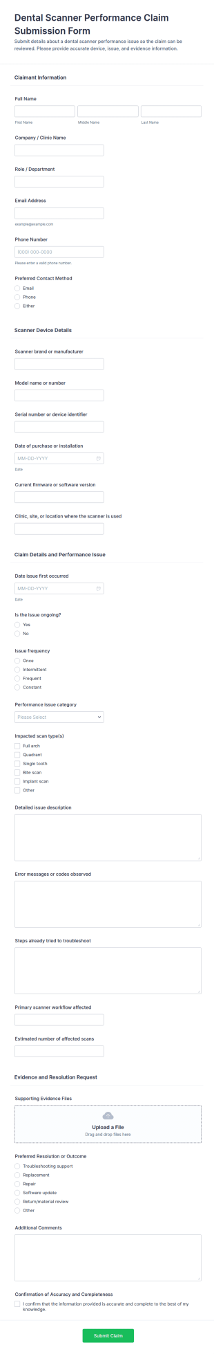 Dental Scanner Performance Claim Submission Form Template