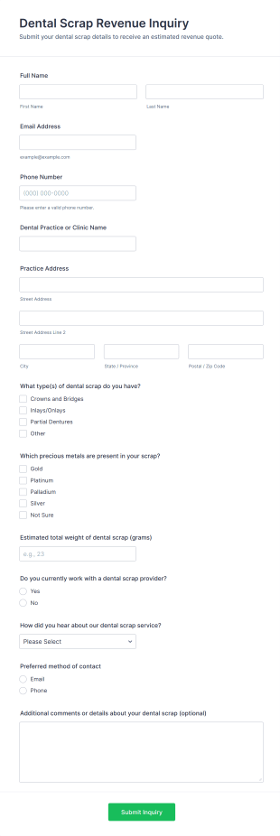 Dental Scrap Revenue Inquiry Form Template