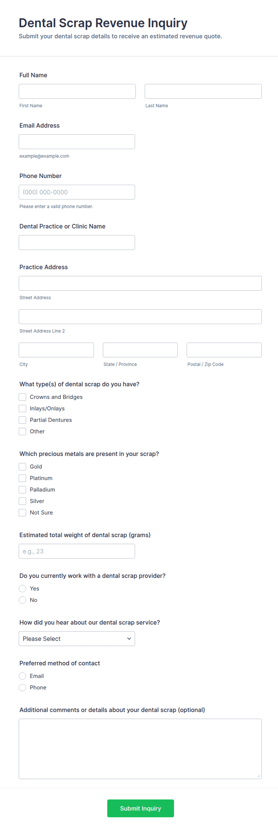 Scrap Entry Form Example Dental Scrap Revenue Inquiry Form Template | Jotform