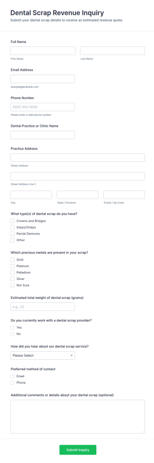 Dental Scrap Revenue Inquiry Form Template