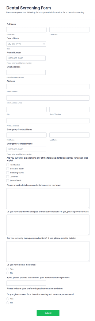Dental Screening Form Template