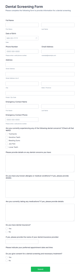 Dental Screening Form Template
