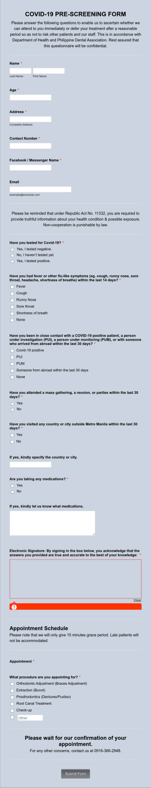 Dental Studio COVID 19 Prescreening Form Template