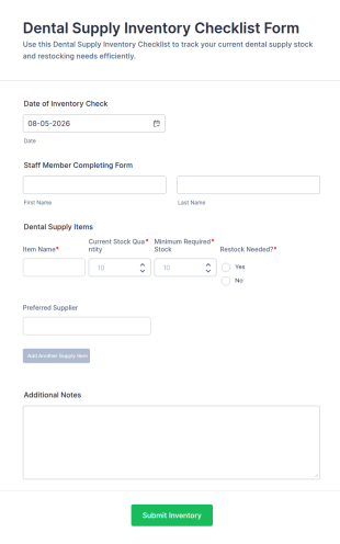 Dental Supply Inventory Checklist Form Template