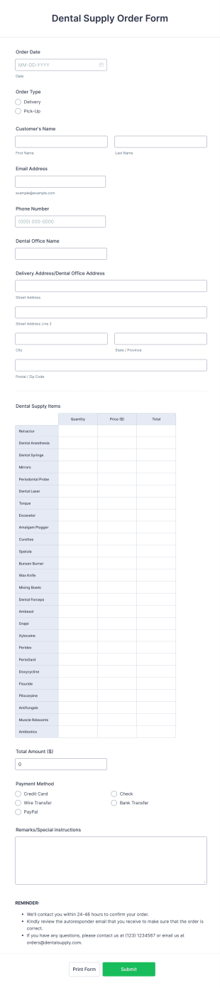 Dental Supply Order Form Template