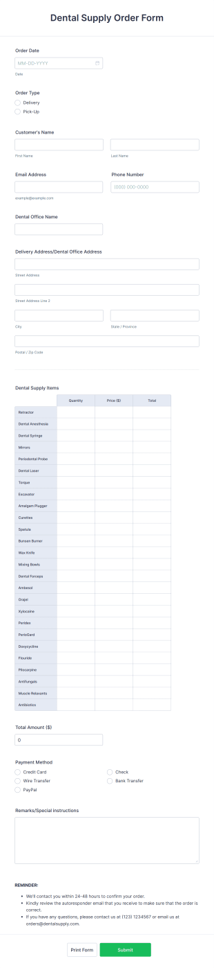 Dental Supply Order Form Template