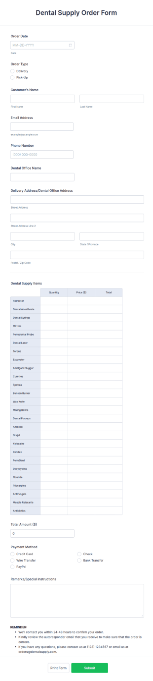 Dental Supply Order Form Template