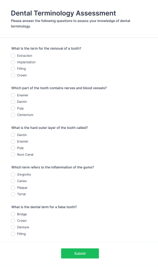 Dental Terminology Assessment Form Template