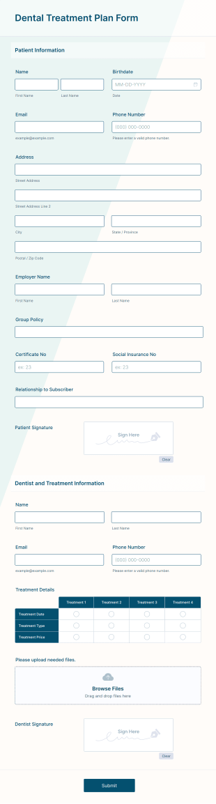 Dental Treatment Plan Form Template