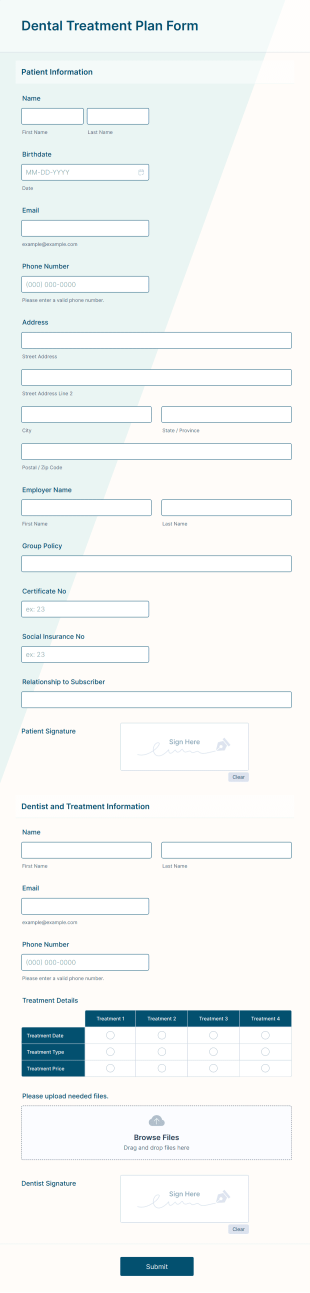 Dental Treatment Plan Form Template