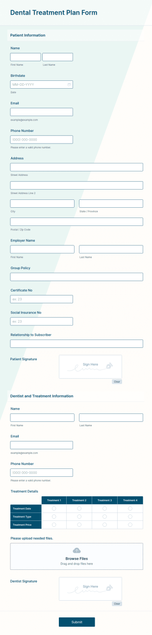 Dental Treatment Plan Form Template