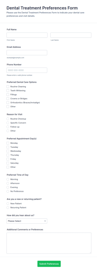Dental Treatment Preferences Form Template