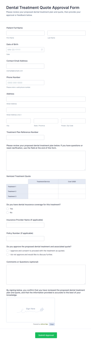 Dental Treatment Quote Approval Form Template