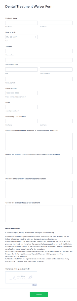 Dental Treatment Waiver Form Template