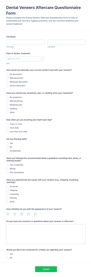 Dental Veneers Aftercare Questionnaire Form Template