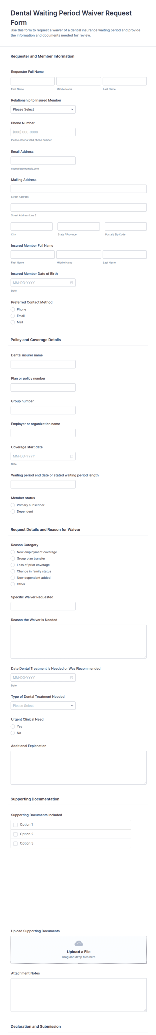 Dental Waiting Period Waiver Request Form Template