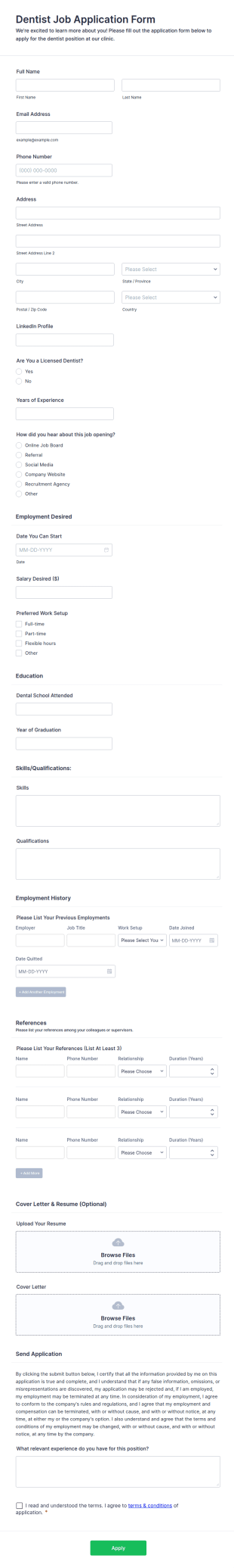 Dentist Job Application Form Template