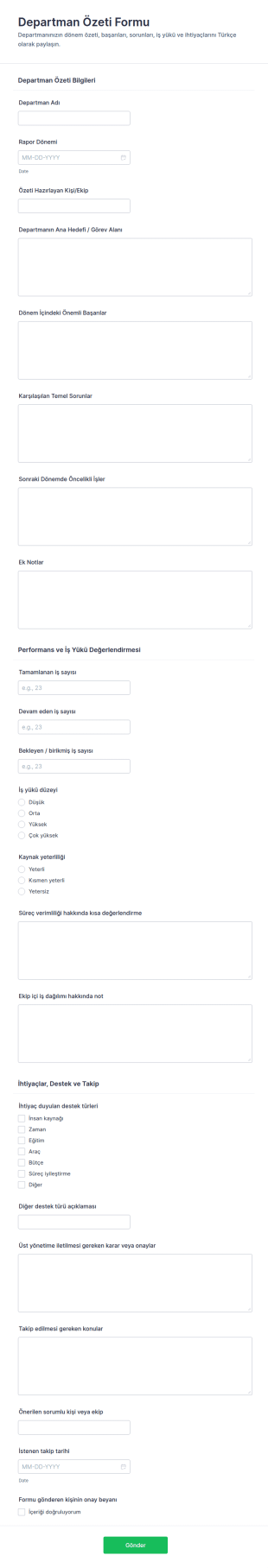Departman Özeti Anketi Form Şablonu