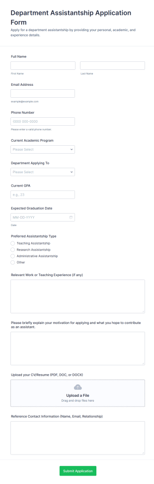 Department Assistantship Application Form Template