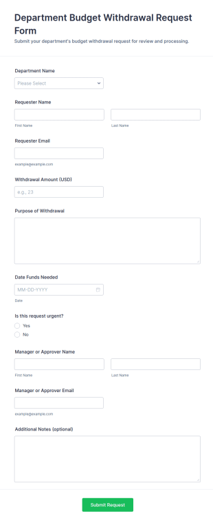 Department Budget Withdrawal Request Form Template