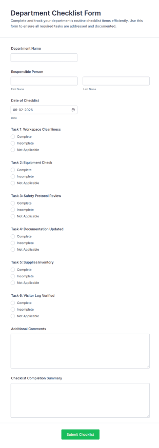 Department Checklist Form Template