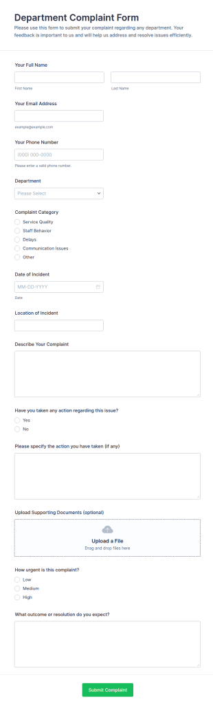 Department Complaint Form Template