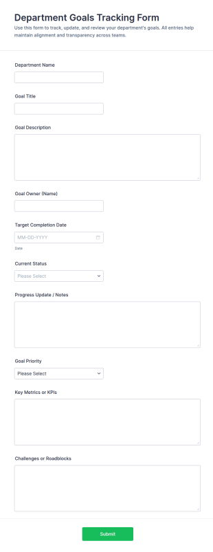 Department Goals Tracking Form Template