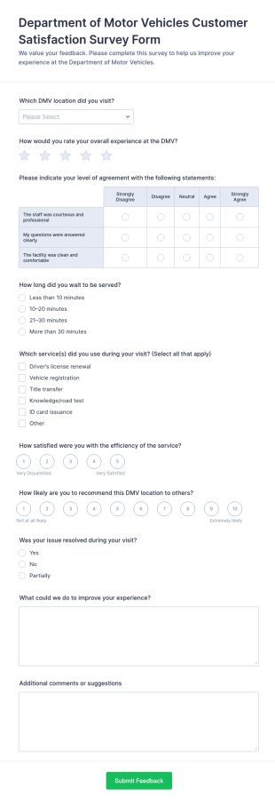 Department Of Motor Vehicles Customer Satisfaction Survey Form Template