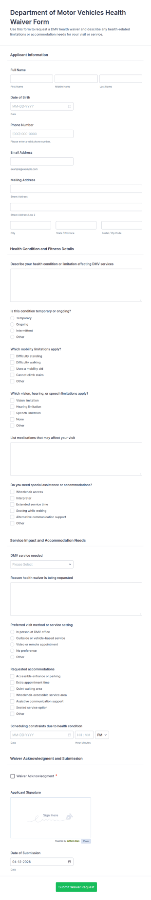 Department Of Motor Vehicles Health Waiver Form Template