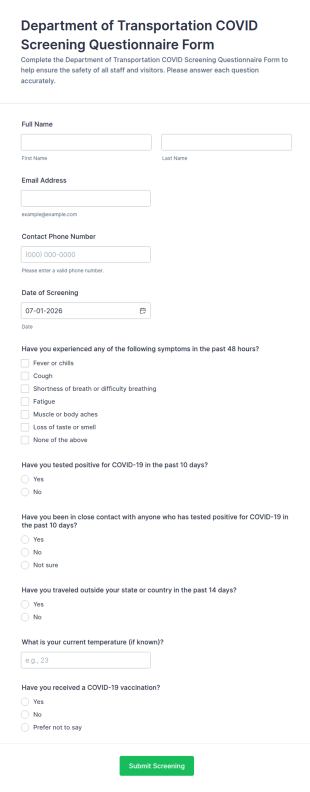 Department Of Transportation COVID Screening Questionnaire Form Template