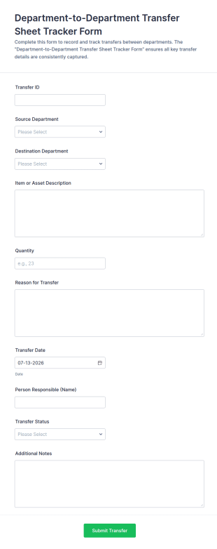 Department To Department Transfer Sheet Tracker Form Template
