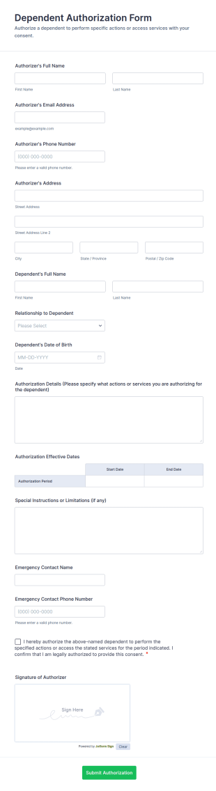 Dependent Authorization Form Template