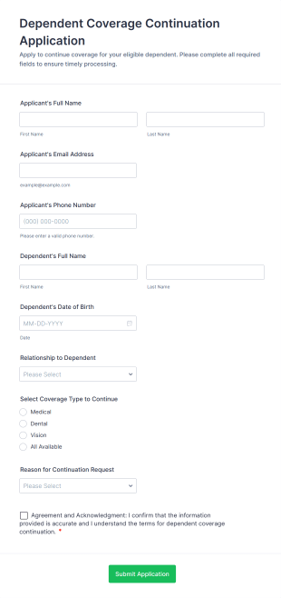 Dependent Coverage Continuation Application Form Template