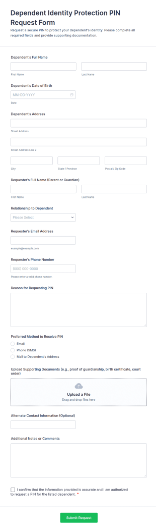 Dependent Identity Protection PIN Request Form Template
