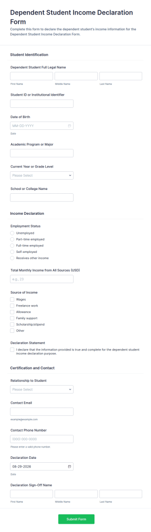 Dependent Student Income Declaration Form Template