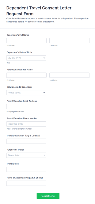 Dependent Travel Consent Letter Request Form Template