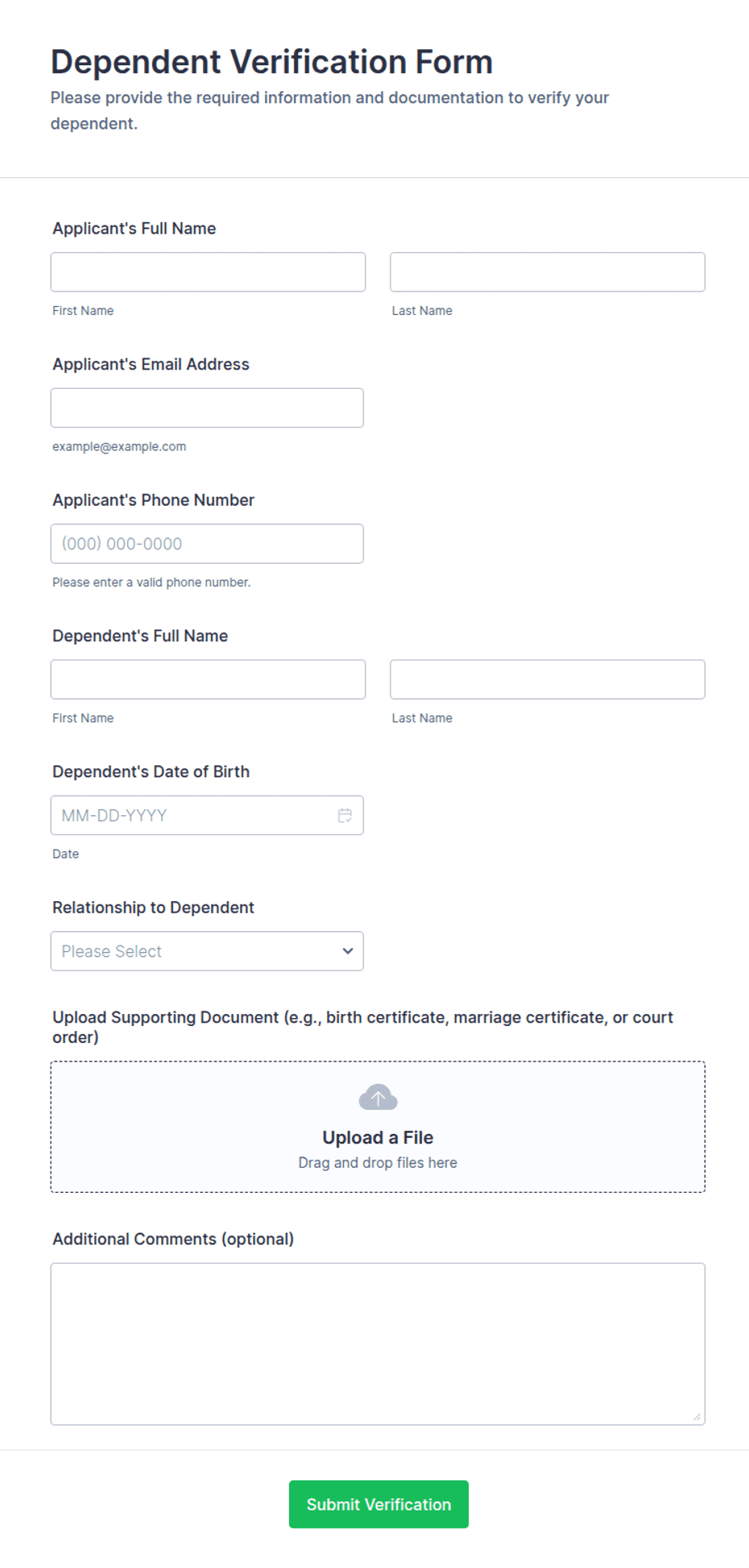 Dependent Verification Example Dependent Verification Form Template | Jotform