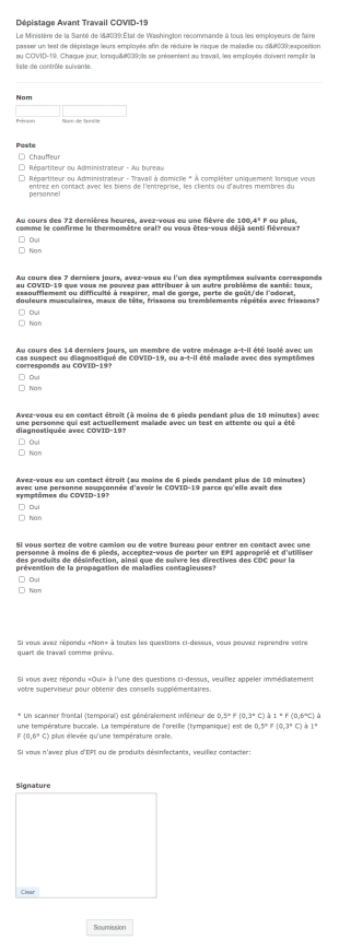 Dépistage Avant Travail COVID 19 MODÈLE UNIQUEMENT