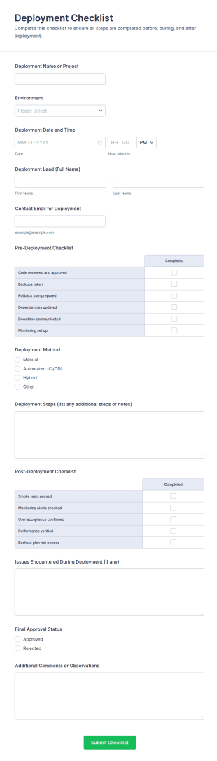 Deployment Checklist Form Template