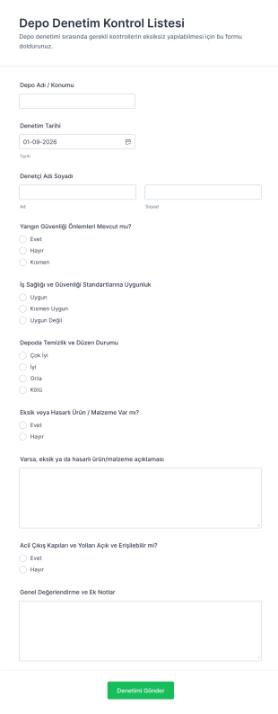 Depo Denetim Kontrol Listesi Form Template