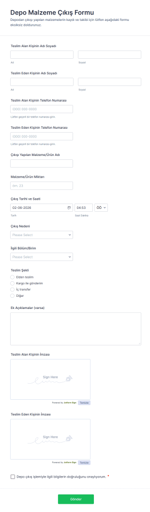 Depo Malzeme Çıkış Form Şablonu
