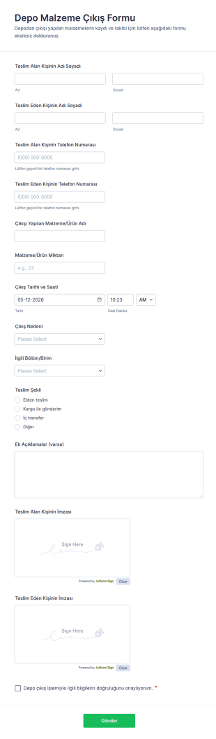 Depo Malzeme Çıkış Form Şablonu
